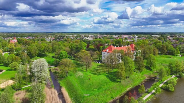 Above View Of The Dutch-style Fortress Of Birzai Castle In Northern Lithuania. Aerial Drone Shot
