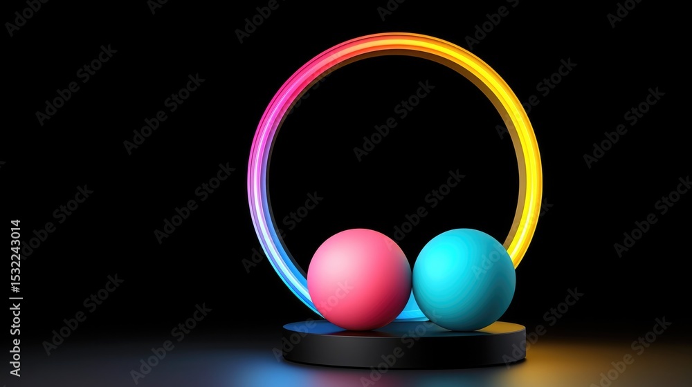 Poster dynamic abstract art installation with colorful spheres on display studio setting 3d rendering moder