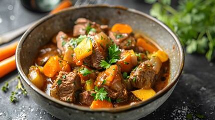 A hearty bowl of beef stew with tender chunks of meat, carrots, and potatoes.