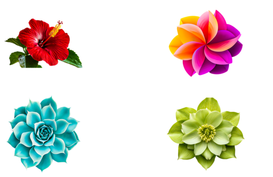 Vibrant floral collection featuring hibiscus, succulent, and stylized blooms against a transparent background ideal for design projects.