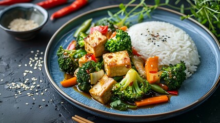 A plate of colorful vegetable stir-fry with tofu and a side of jasmine rice.