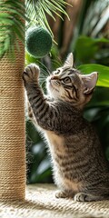 Kitten Playing with Ball on Scratching Post