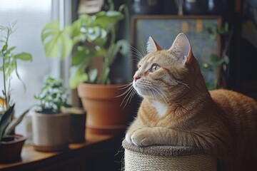 Cat on Scratching Post in Front of Plants