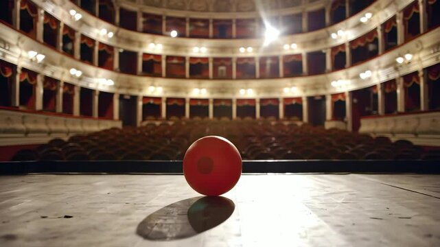 Solitary red clown nose rests center stage in an empty classic opera house theater before a show