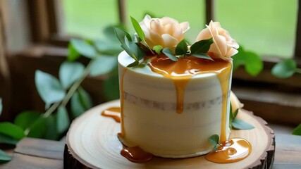Semi naked buttercream cake with caramel glaze drip topped with peach sugar roses and green leaves on wooden slab Rustic romantic brunch concept - Powered by Adobe