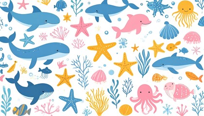cartoon illustration of seamless pattern with marine animals