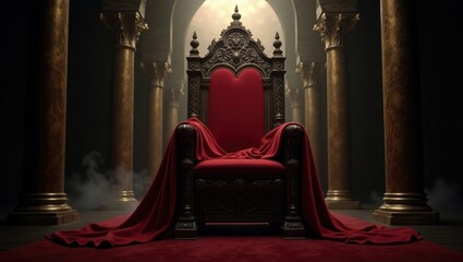 Ornate red velvet throne in a grand hall with gold columns