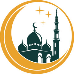 Stylized Dark Green Mosque Silhouette Encircled by a Golden Crescent Frame Logo