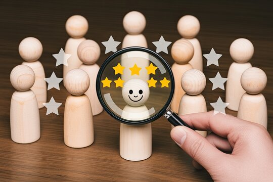 Top performer identification using magnifying glass and wooden figures