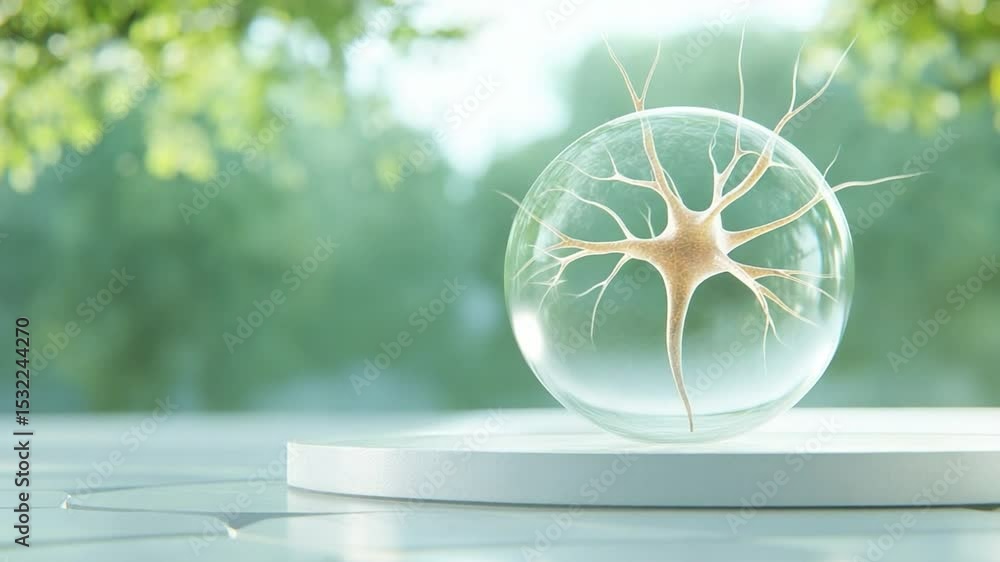 Poster neuron in glass orb: a detailed neuron cell encased in a transparent glass orb, representing the del