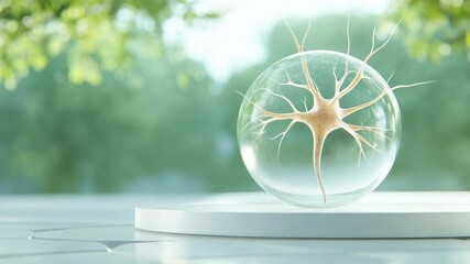 Neuron in Glass Orb: A detailed neuron cell encased in a transparent glass orb, representing the delicate complexity of the human brain, set against a background of lush, out-of-focus greenery.  - Powered by Adobe