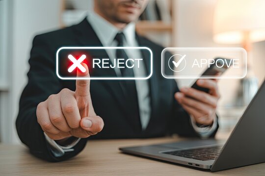 Businessman making a decision rejecting or approving a proposal on a digital interface