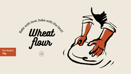 Hand drawn bakery retro poster. Baker hands and dough banner. Wheat flour design. Vintage sketch vector illustration