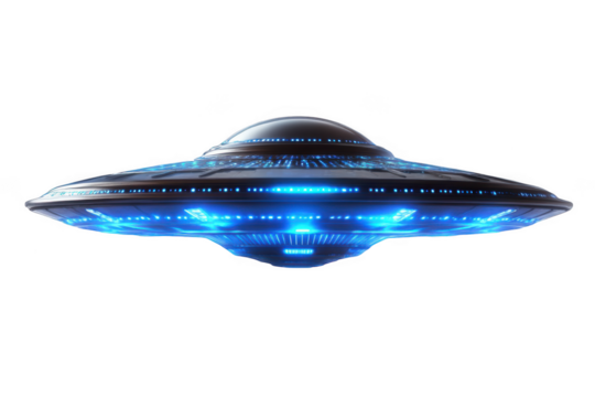 Ufo spaceship with blue lights isolated on transparent background - Powered by Adobe
