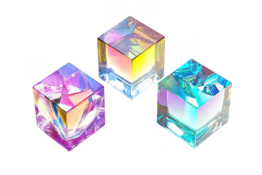Three iridescent cubes isolated on transparent background
