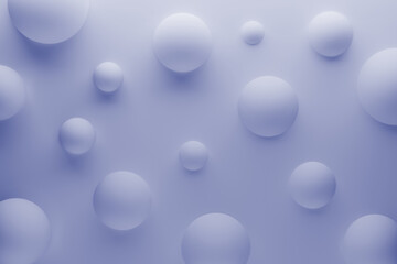 Light violet flying matt subtle  spheres as geometric abstract background with. 3D rendering. Delicate monochrome modern futuristic pattern of rounded smooth matt shapes as embossed relief.