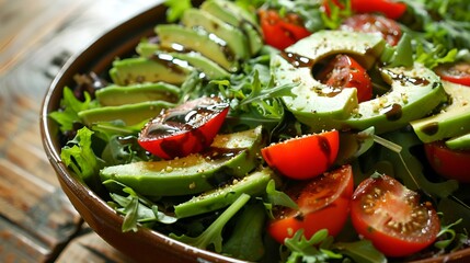 A vibrant, colorful salad with fresh greens, cherry tomatoes, avocado slices, and a drizzle of balsamic vinaigrette.
