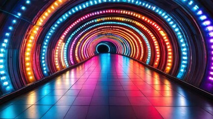 Tunnel of vibrant, concentric LED rings reflecting on a tiled floor - Powered by Adobe