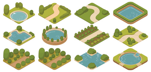 Twelve Isometric Illustrations of Park Landscapes with Ponds and Pathways