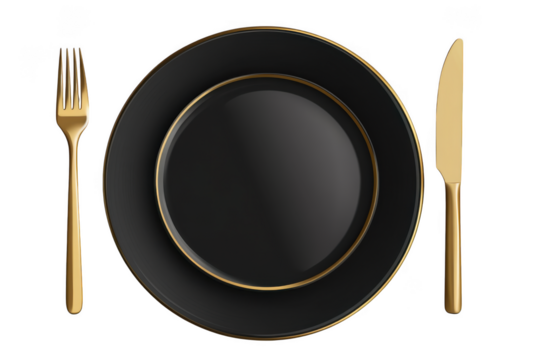 Black plate with golden cutlery isolated on transparent background