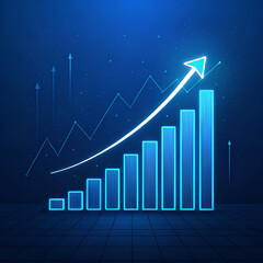 Red and white 3D bar graph with an arrow showing business growth and financial market success