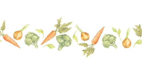 Carrots, onions, and broccoli in green, orange, and golden yellow form a horizontal watercolor clipart. Seamless border. Ideal for packaging, invitations, or stationery with a vegetable-themed design