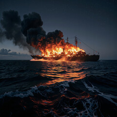 A dramatic scene unfolds as a large boat burns fiercely at night, its flames and billowing smoke illuminating the dark waters below