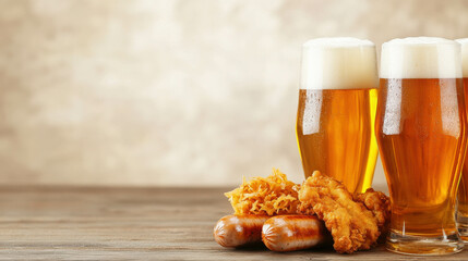 Refreshing Beer Glasses with Crispy Fried Chicken and Sausages on a Rustic Wooden Table