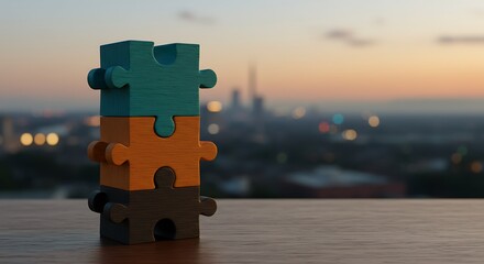 Colorful Puzzle Piece Tower Against Sunset City Skyline