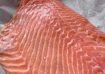 Raw salmon fillet ready for baking, fresh seafood prepared for healthy cooking, concept of nutritious marine food and culinary preparation