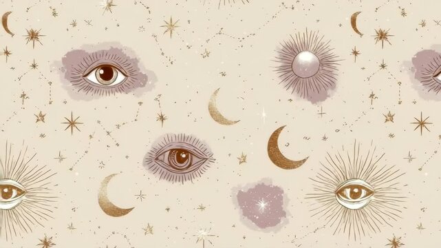 Mystical pattern with eyes, moons, stars, and celestial elements in soft tones. Great for spiritual, boho design, or astrology-inspired visuals.

