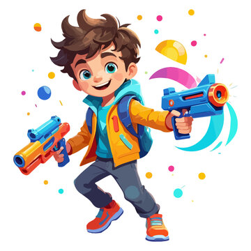 Boy playing with nerf toy guns, cartoon vector illustration on transparent background