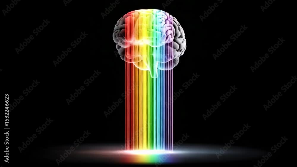 Poster digital brain with rainbow streams on a dark background.