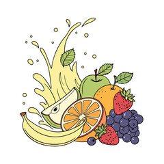 summer fruit vector with bananas, oranges, grapes, berries, and juice splashes on a clean white background. Energetic, colorful, and fully vectorized-perfect for Juice bar branding or packaging.
