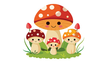 Fototapeta premium Cute cartoon mushroom family in grass