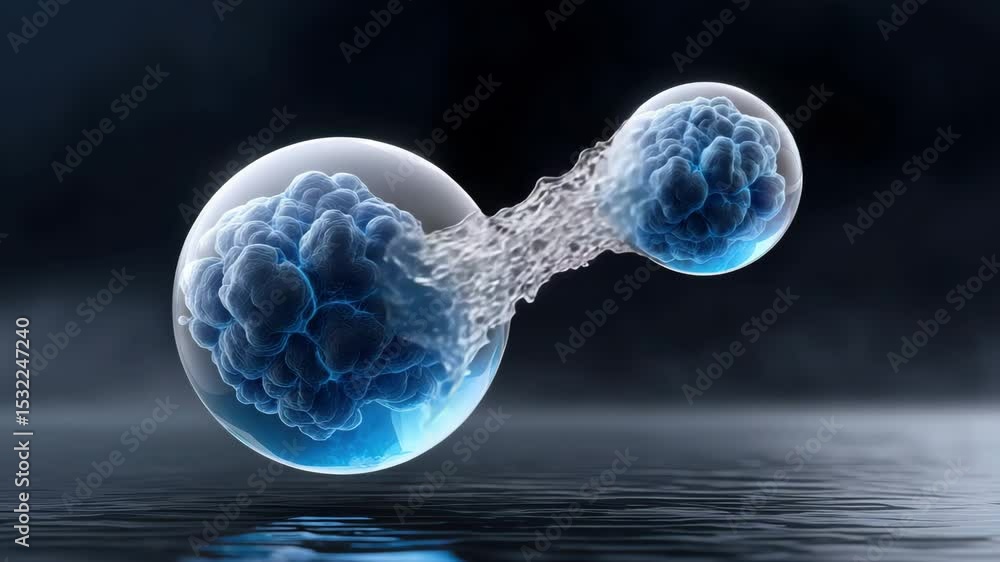 Poster abstract molecular structure with glowing bubbles on a dark background.