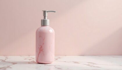 Pink marble lotion bottle with silver pump dispenser on a marble surface