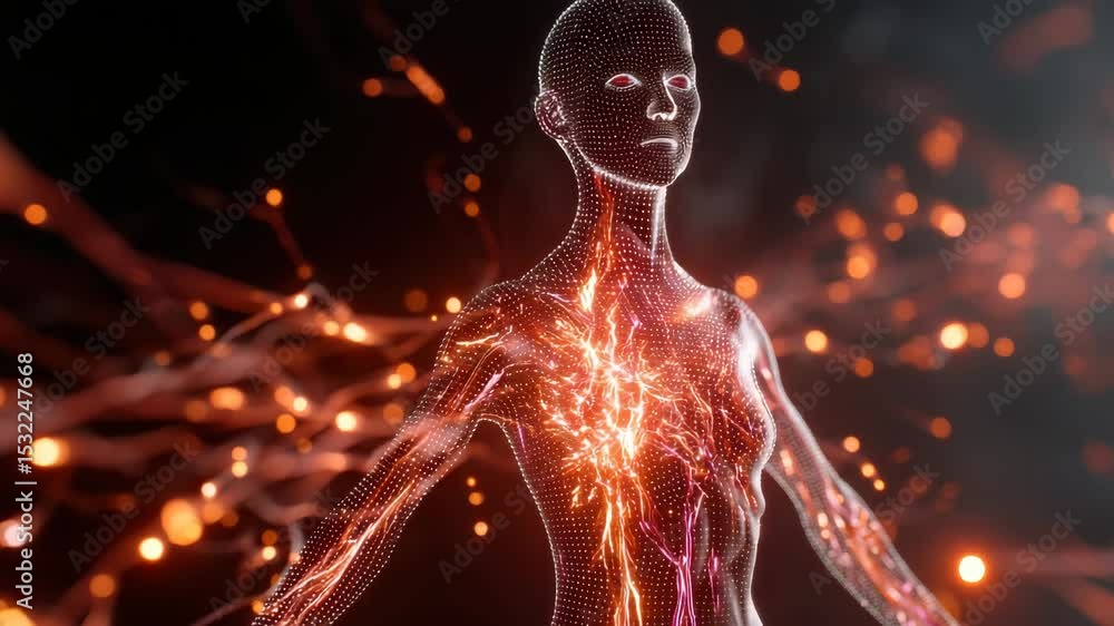 Poster human figure with glowing neural network and dynamic sparks.