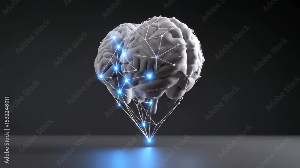 Poster 3d brain structure with lights, symbolizing intelligence and technology.