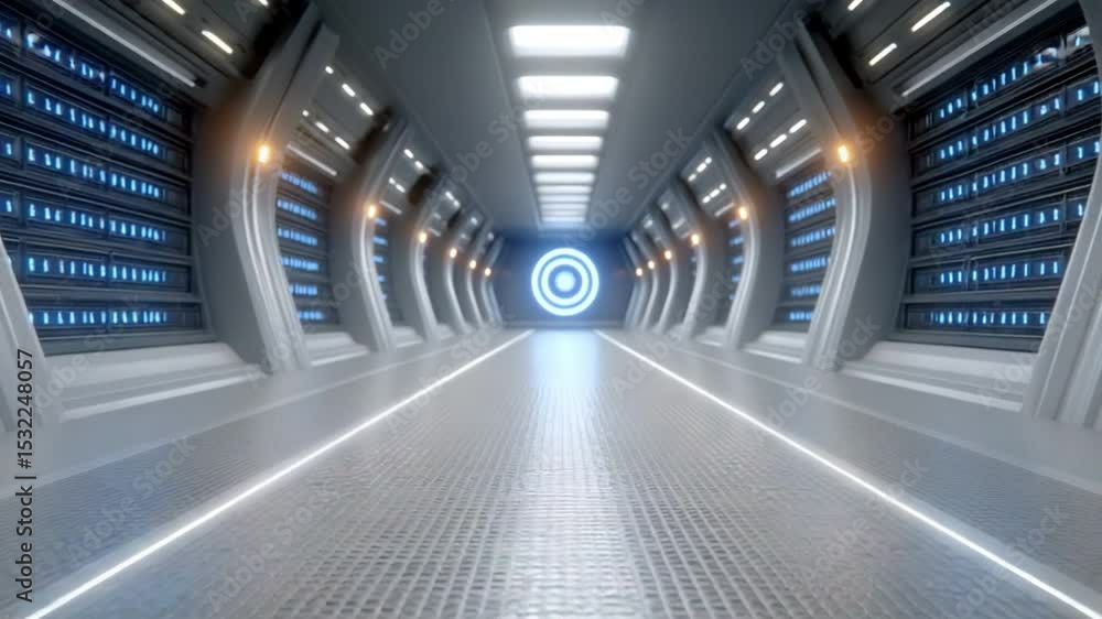 Aufkleber futuristic corridor: a modern, high-tech corridor bathed in cool blue and white light, a gateway to 