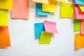 Close-up view of colorful sticky notes on a white surface, various colors