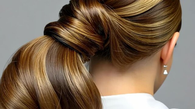 Elegant hairstyle creation with a sleek ponytail and smooth finish at a professional salon