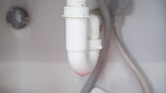 water dripping steadily from a loose pipe under a kitchen sink, highlighting home maintenance and repair needs.