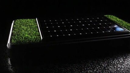 Explore the innovative design of the Ecological PowerBank, featuring solar panels and grass-like accents, perfect for eco-friendly energy solutions anywhere, anytime, day or night