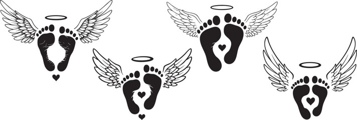 Angel Wings Baby Feetprints with Halo and Heart: Set of Four Designs