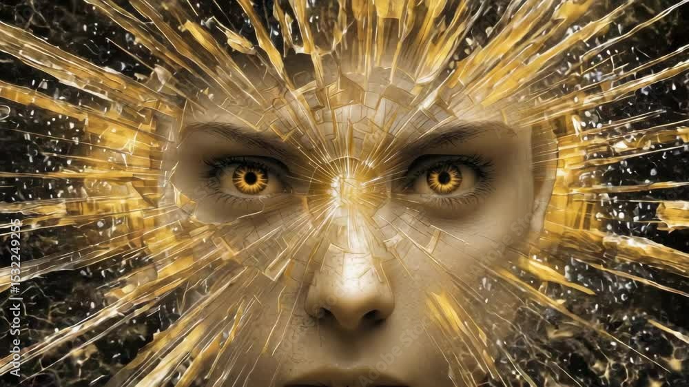 Poster intricate face surrounded by radiant light and abstract patterns.