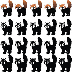 Cartoon red panda and black cat seamless repeating pattern on white background