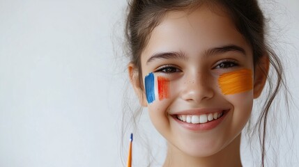 Close-up portrait of a smiling girl with blue, red, and orange paint on her cheek, a paintbrush subtly visible