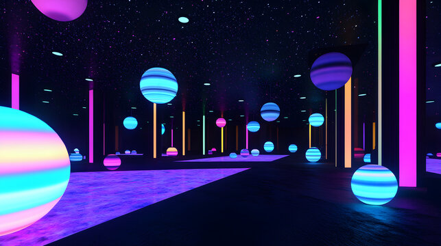A futuristic, neon-lit space with glowing spherical objects resembling planets suspended in a starry environment. - Powered by Adobe