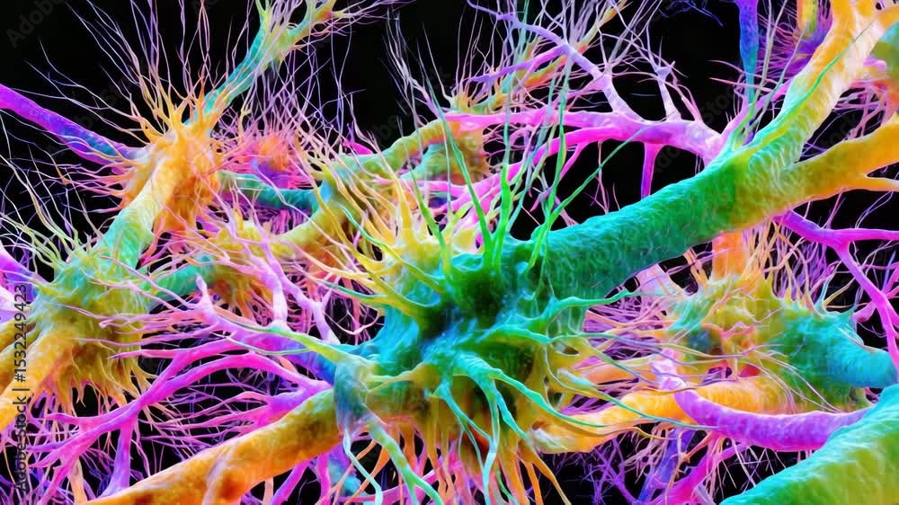 Poster colorful neural cells with intricate structures and vibrant details.